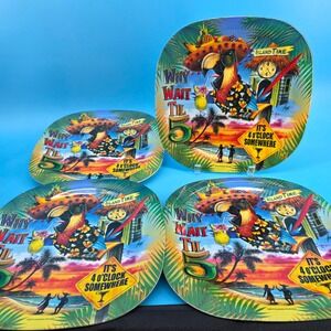 Evergreen‎ Melamine Plates Set 4 Island Time Parrot 4 O\'Clock Somewhere 11"